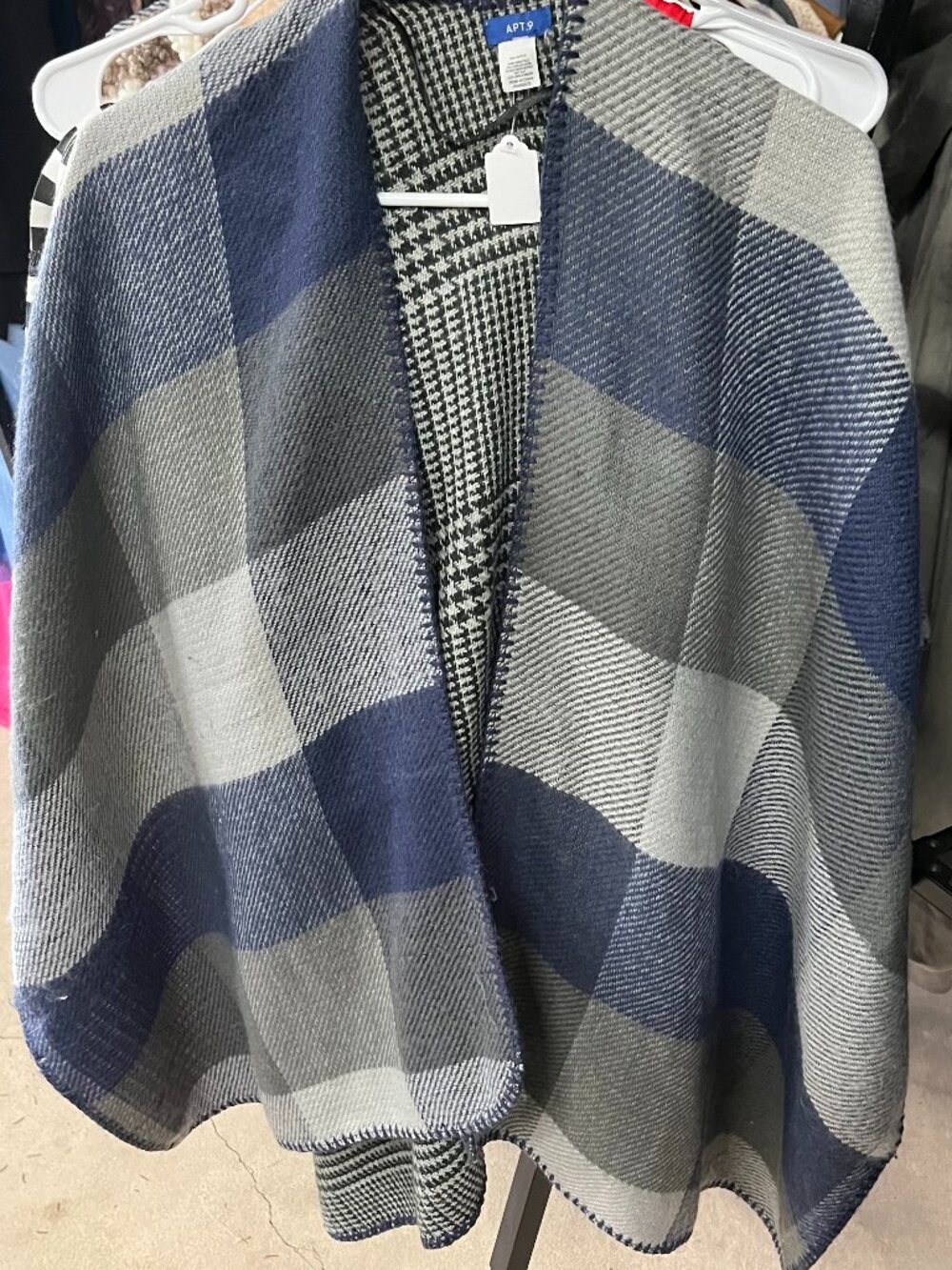 Apt. 9 Navy Gray Plaid Oversized Ruana Poncho Wrap One Size